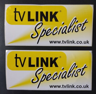 2 x TV LINK Specialist Aufkleber Global 9,5 cm x 20,5 cm gelb weiß Schaufenster