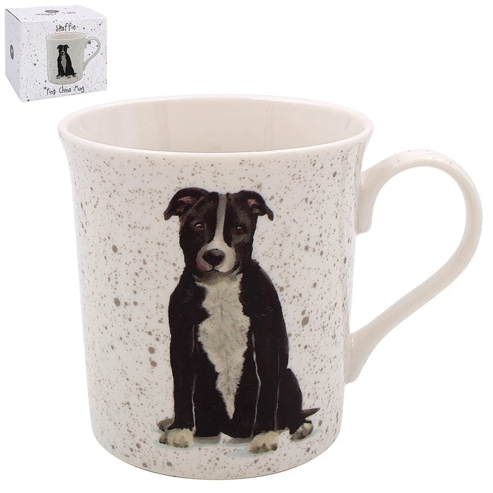THE LEONARDO COLLECTION Staffie Mug Set Fine China Tea Coffee Cup Black White Staffordshire Bull Terrier