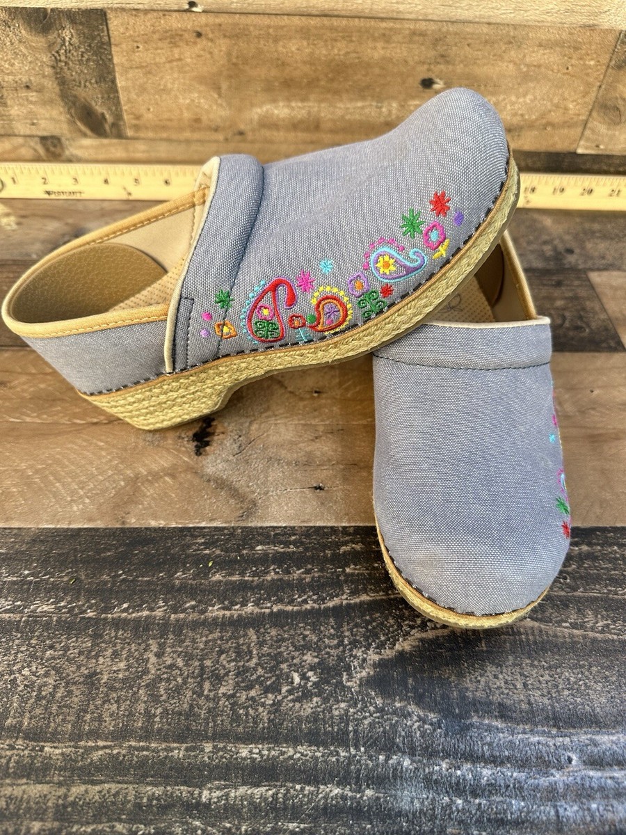 Dansko Vegan Jute Blue Embroidered Paisley Floral Clogs Sz 38 US 7.5 - 8 M  | eBay