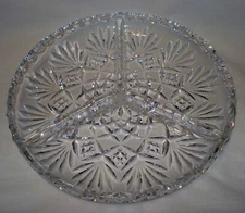 Lead Crystal Clear Glass Fan Diamond 3 Part Divided Round Candy Relish Bowl Dish