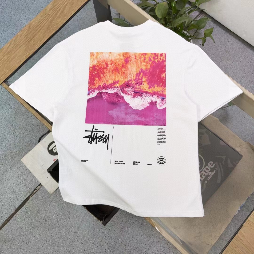 stussy- Pink beach letter logo print casual couple loose stussy- Pink beach letter logo print casual couple loose