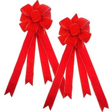 2PCS Red Velvet Gold Wired Christmas Large Bow Tree Topper Wreath Car Garden