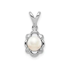 Sterling Silver Rhodium Diamond & Freshwater Pearl June Birthstone Fancy Pendant
