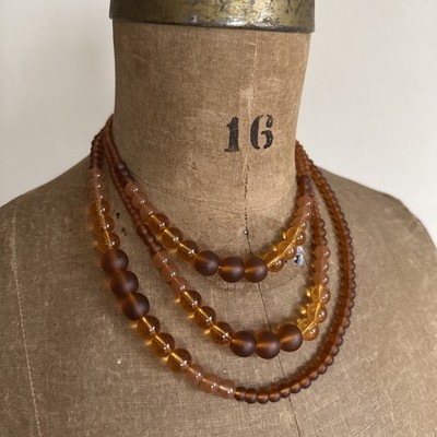 Vintage Robert Rose Brown Glass/Similar ~Three Strand Necklace 14.5  - 18.5  Adj