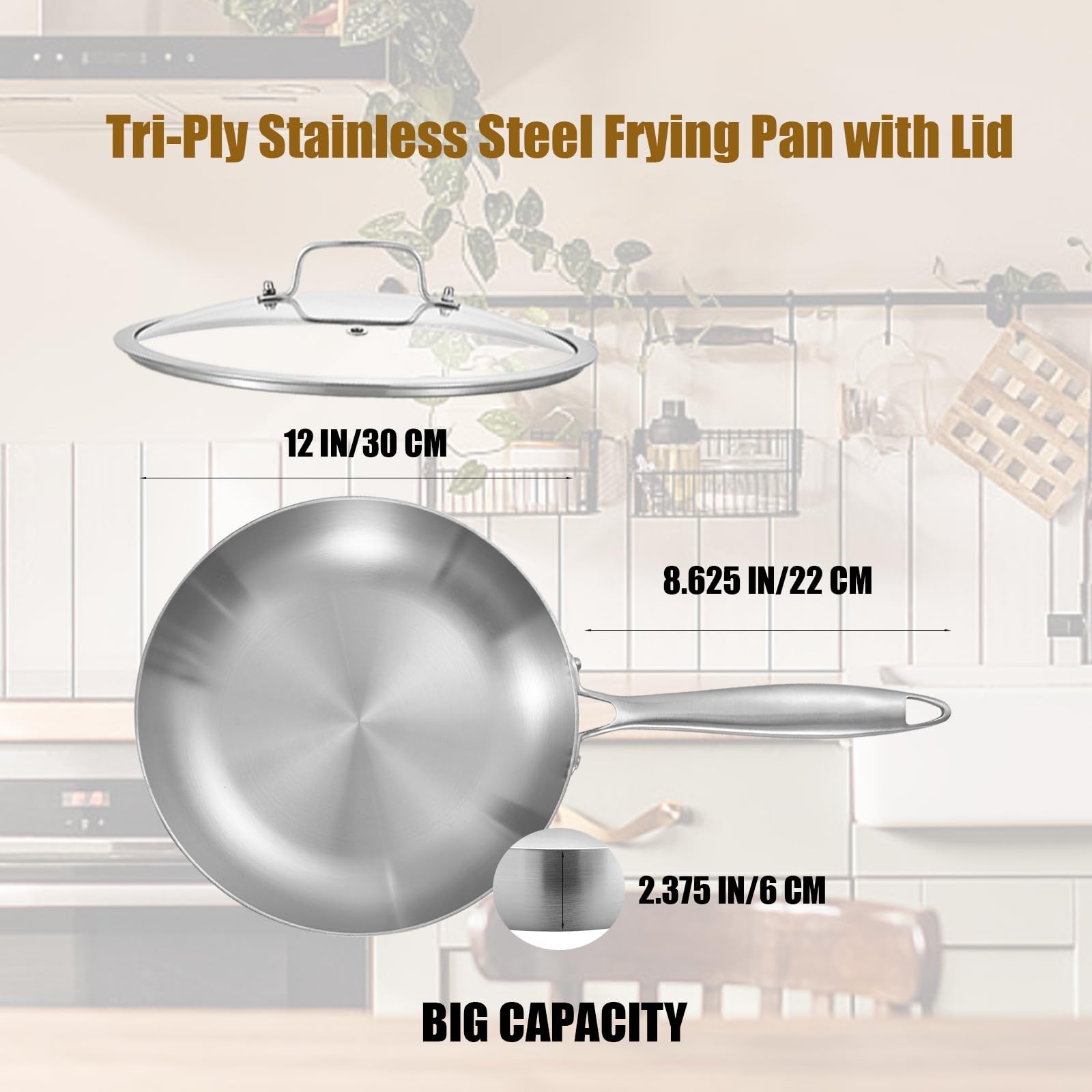 12Inch Tri-Ply Stainless Steel Frying Pan with Lid,Skillet,Induction Cooking Pan