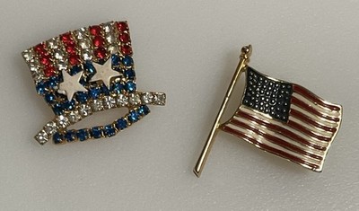 Patriotic American Flag Brooch and Uncle Sam Hat Pin Gold Tone 