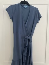 CeCe Women's Blue Solid Wrap V-Neck Short Sleeve Midi Dress Ruffle Tie S