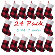 24 Pack Mini Christmas Stockings, 7 inches Buffalo Plaid with Plush Cuff Smal...