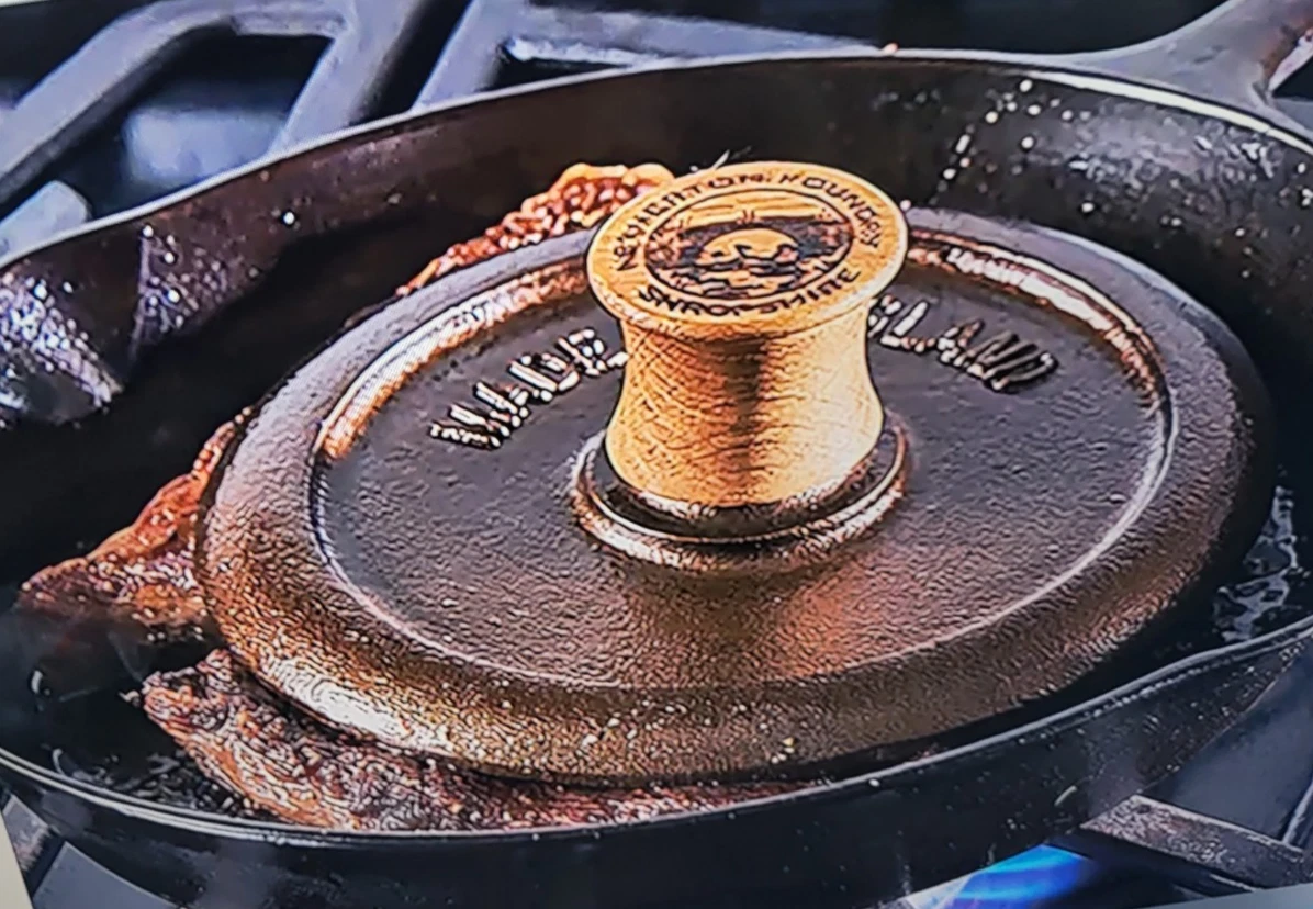 Netherton 7" Ridged Cast Iron Cooking Iron Steak BurgerPress with oak handle