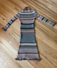 Women’s S Striped Knit Turtleneck Long Sleeve Fringe Midi Sweater Dress