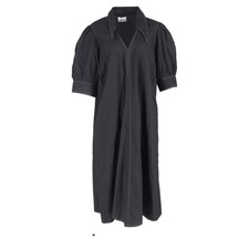 Ganni V-Neck Puff-Sleeved Poplin Maxi Dress In  Cotton Women Black One Size