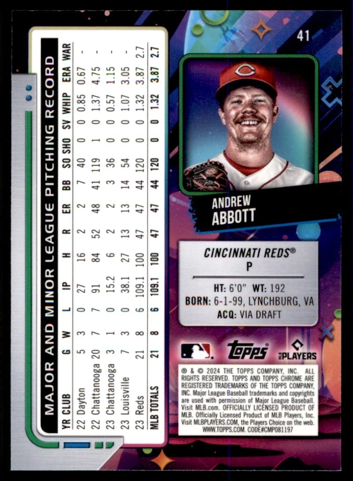 2024 Topps Chrome Cosmic Andrew Abbott RC Cincinnati Reds #41 - Image 2 of 2