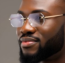 Mens Sunglasses Hip Hop SQUARE Frame Quavo Migos Rimless Diamond Cut Lens Gold