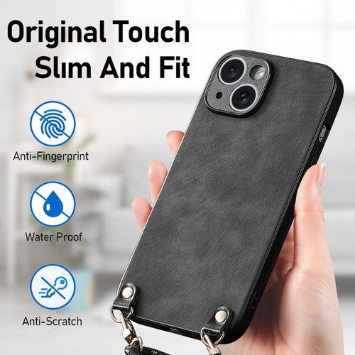 Solid color Skin feel Leather With Neck Strap Crossbody Phone Case Cover Back - Picture 6 of 21