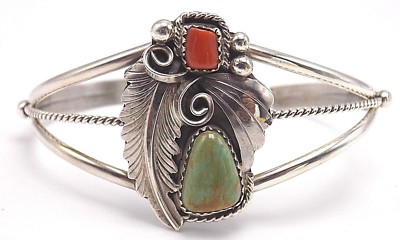  Navajo Handmade Turquoise & Coral Bracelet Set In Sterling Silver-J.Saunder