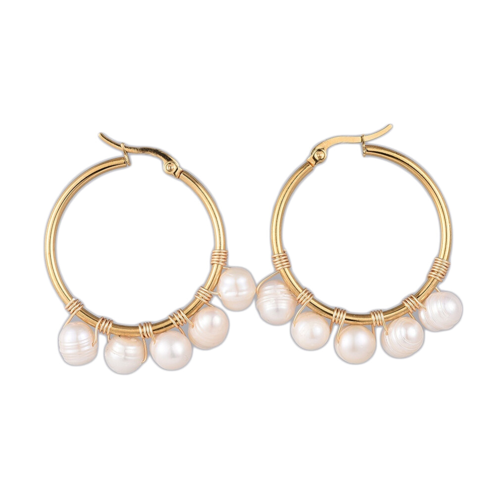 Hoop Earrings Natural Pearl Gold Plated Stainless Steel Hoop Gold White P364-image