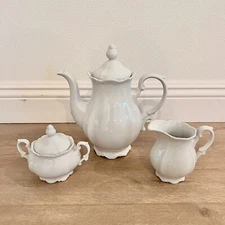 Mitterteich Bavaria Germany Tea Pot Creamer & Sugar Set White Rose Lid Top Vtg