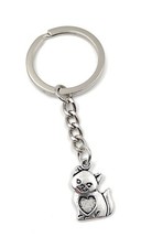 Cute Cat Keychain with Heart Silver Metal Pendant Charm