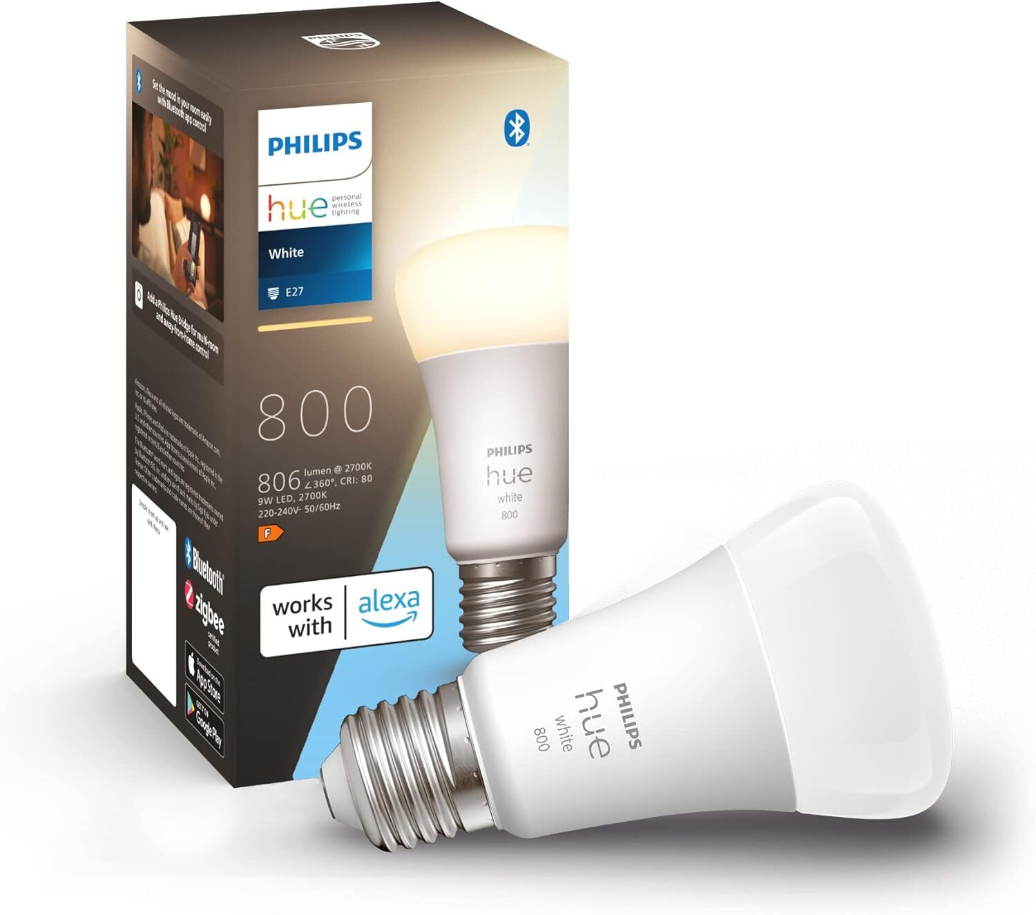 Philips HUE White Lampadina LED Smart, Bluetooh, E27 Controllo Vocale Alexa 9W