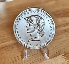 Vintage 1950s 50s Elgin American Silver Tone Coin Eagle Liberty Compact Mirror