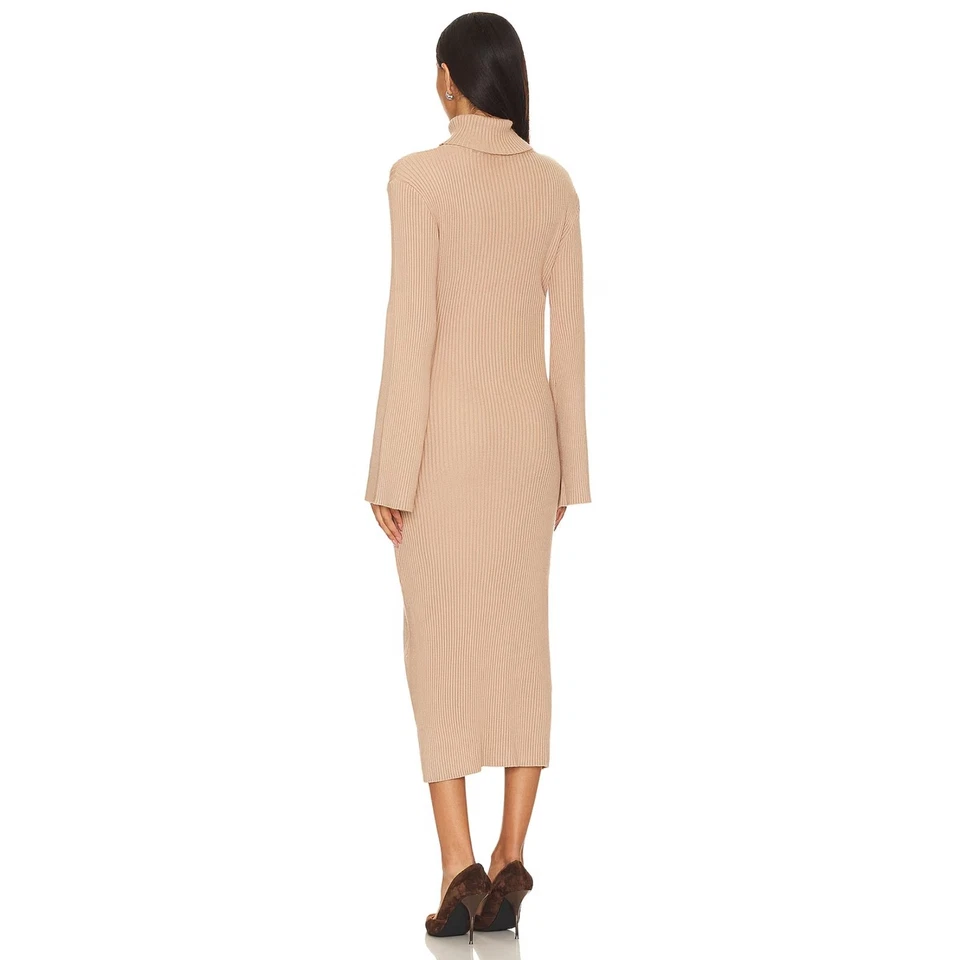 BUMPSUIT Maternity Beige Tan Ribbed Turtleneck Long Bell Sleeve Midi Dress Small - Image 2 of 4