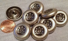 8 Antiqued Silver Tone Metal Shank Buttons Concave Front Heraldic 7/8" 23mm 7476