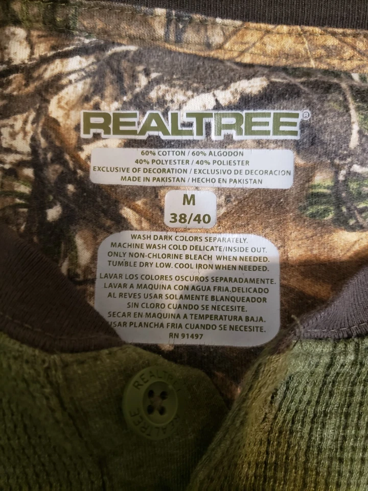 Hombre Realtree Térmico Waffle Tejido Henley Verde con Mangas Grises Talla Mediana Foto 4 de 4