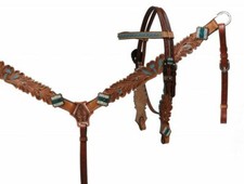 Western Saddle Horse Bling Turquoise Leather Tack Set Bridle  Breast Collar