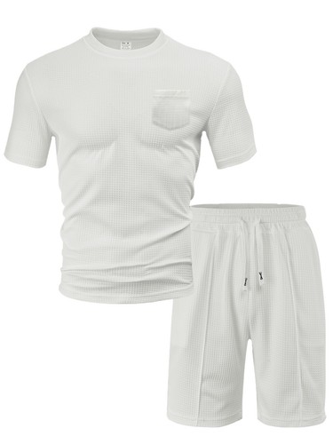 Mens Waffle Outfit 2-Piece Set Short Sleeve T- Shirts and Shorts Sweatsuit Set - Picture 13 of 25