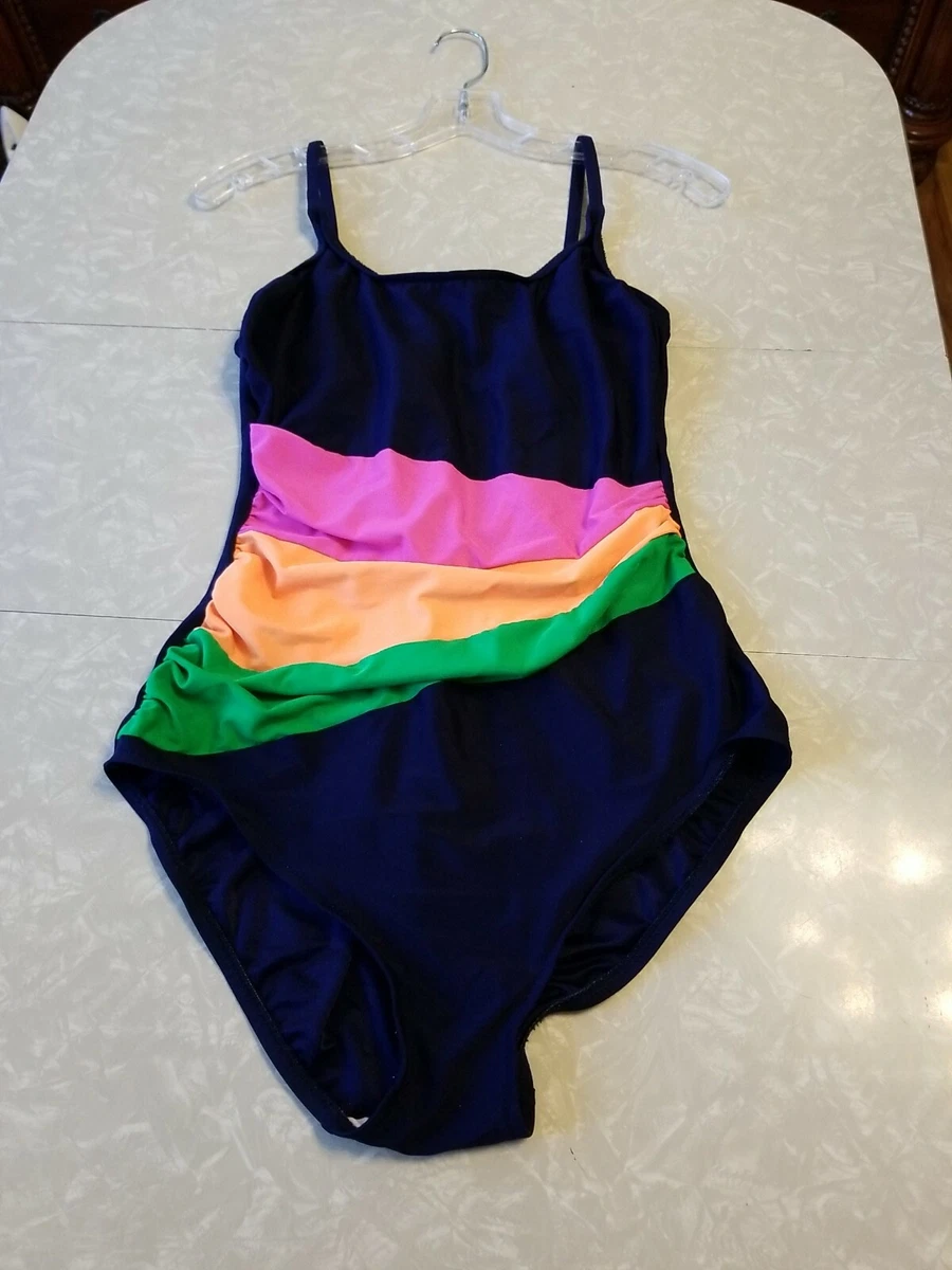 Vintage 80's Ladies Size 16 Robby Len Blue Pink Orange Green 1 Pc Swim Suit  Fair