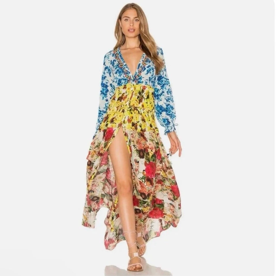 $440 рококо песок женщин шелк романтический цветочный длинным рукавом макси платье размер XS - Изображение 2 из 4