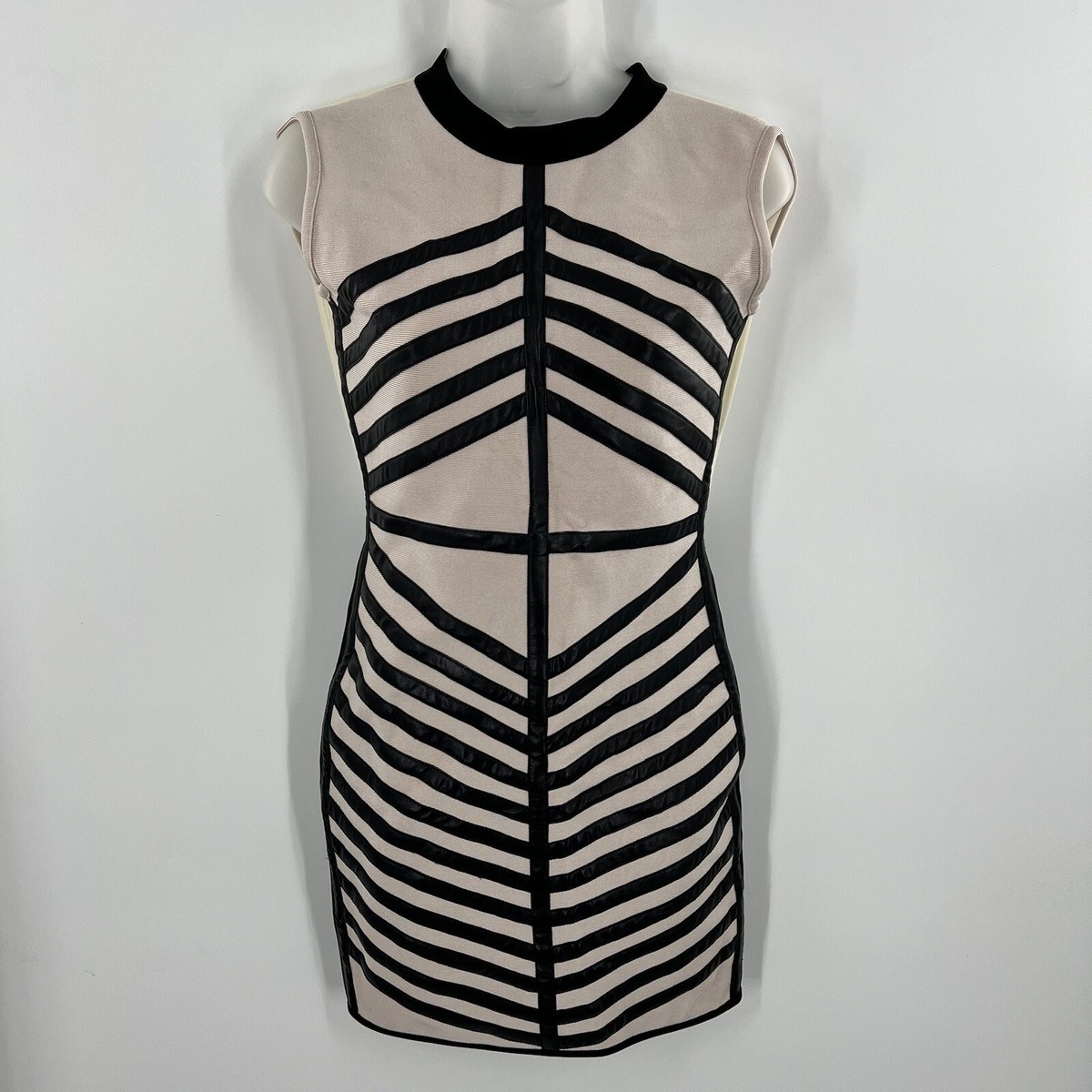 black striped bodycon dress One Wear Freedom Women's Beige Vegan Leather Short Size M catching textured stripe halterneck