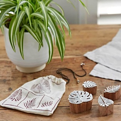 Set Of 4 Carved Wood Printing Blocks Tropical Leaf. Arts & Crafts