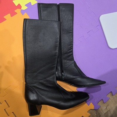 MNG Mango Black Leather Knee High Boots Square Toe Block Heel Made in Spain...