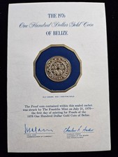 ? 1976 Belize $100 Proof Gold Coin 6.21g .500 Fine, 1/10 oz AGW Franklin Mint 3005.12 per troy oz