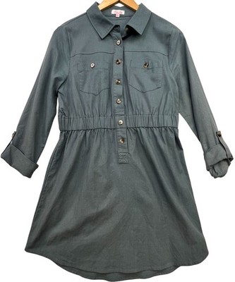 Pink Lily Womens Linen Button-Front Mini Shirt Dress Size L Slate Blue