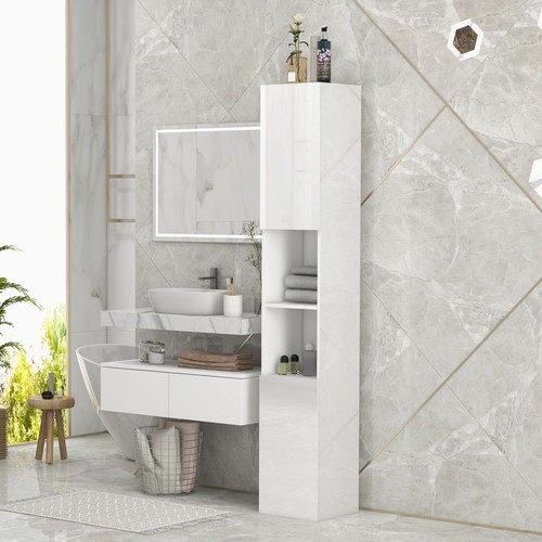 kleankin High Gloss Bathroom Floor Cabinet Storage Cupboard with Doors - Picture 2 of 9