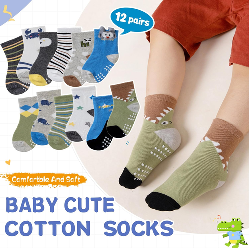 12 Pairs Baby Toddler Anti-Slip Socks Boys Non Skid Cotton Crew Cartoon Grips - Picture 3 of 12