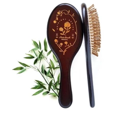 Brown Bamboo Bristle Hair Brush - Wooden Paddle Brush for Hair Growth, Scalp Mas