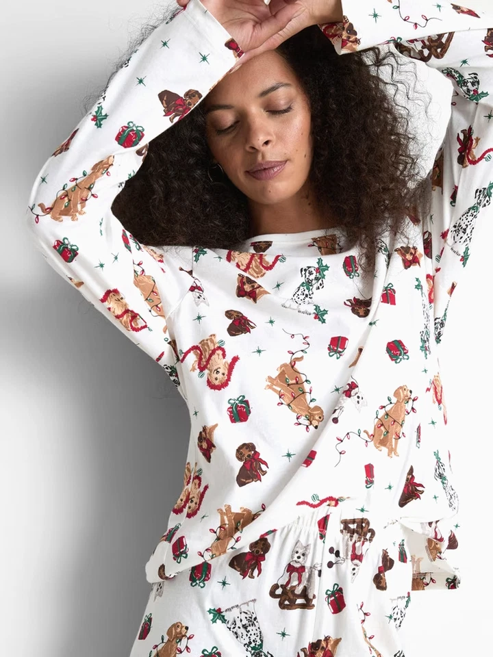 Conjunto de pijama festivo de Navidad con estampado de perrito de algodón para damas o hombres 2XS-2XL Foto 2 de 4