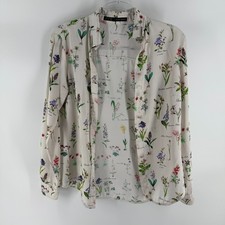 Zara Basic Shirt Women Small White Floral Botanical Print Metal Accent Button Up