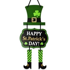St. Patrick's Day Hanging Leprechaun Triple Sign Door Hanger Wooden Decor Iri...