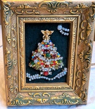 Vintage Christmas Jewelry Tree Art Framed Angel Rhinestones Small Collage