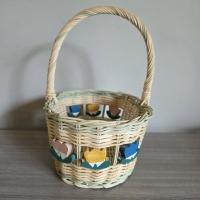 Vintage Wicker Easter Basket Wooden Tulip Flowers Mint Green Handle Spring Decor