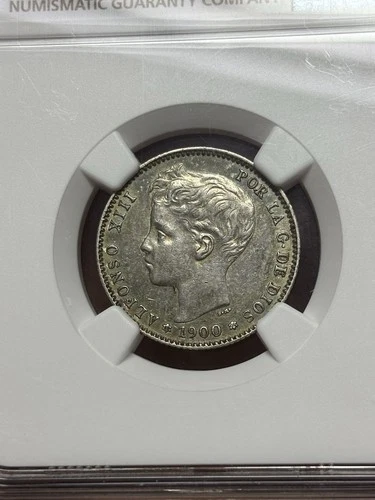 1900 Spain Una Peseta Silver Coin NGC AU 55