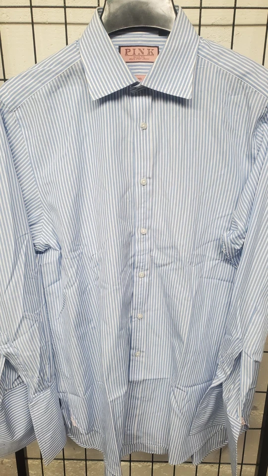 Pink By Thomas Pink Classic Cotton Dress Shirt 16 - 34.5 French Cuff Blue Stripe - Image 2 of 4