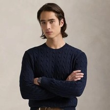 Polo Ralph Lauren Mens Cable Knit Cotton Crewneck Sweater in Hunter Navy Size XL