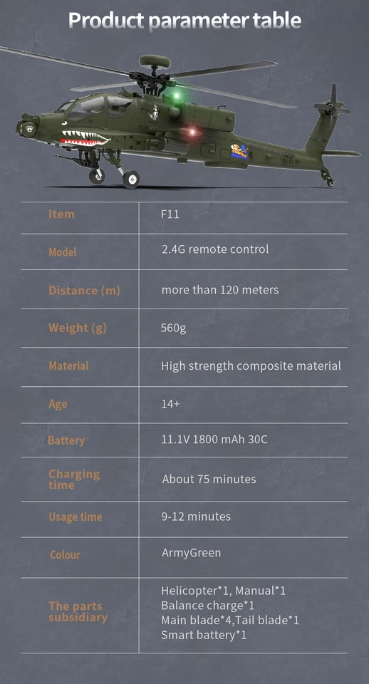 YXZNRC F11 AH-64D Apache RC Helicopter w 6-Axis Gyro 2.4G 6CH 1:32 RC Helicopter - Image 4 of 4