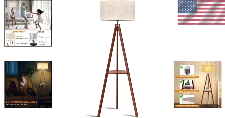 Mid Century Wood Tripod Floor Lamp with Shelf - Image 2 of 4