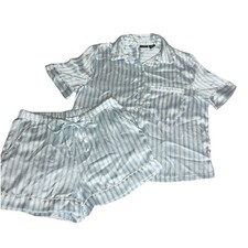 Tahari Satin Pajama Set Shorts Button Up White Blue Stripes Sleepwear Size M